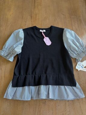 Women' Black Knit Top with Striped Puff Sleeves